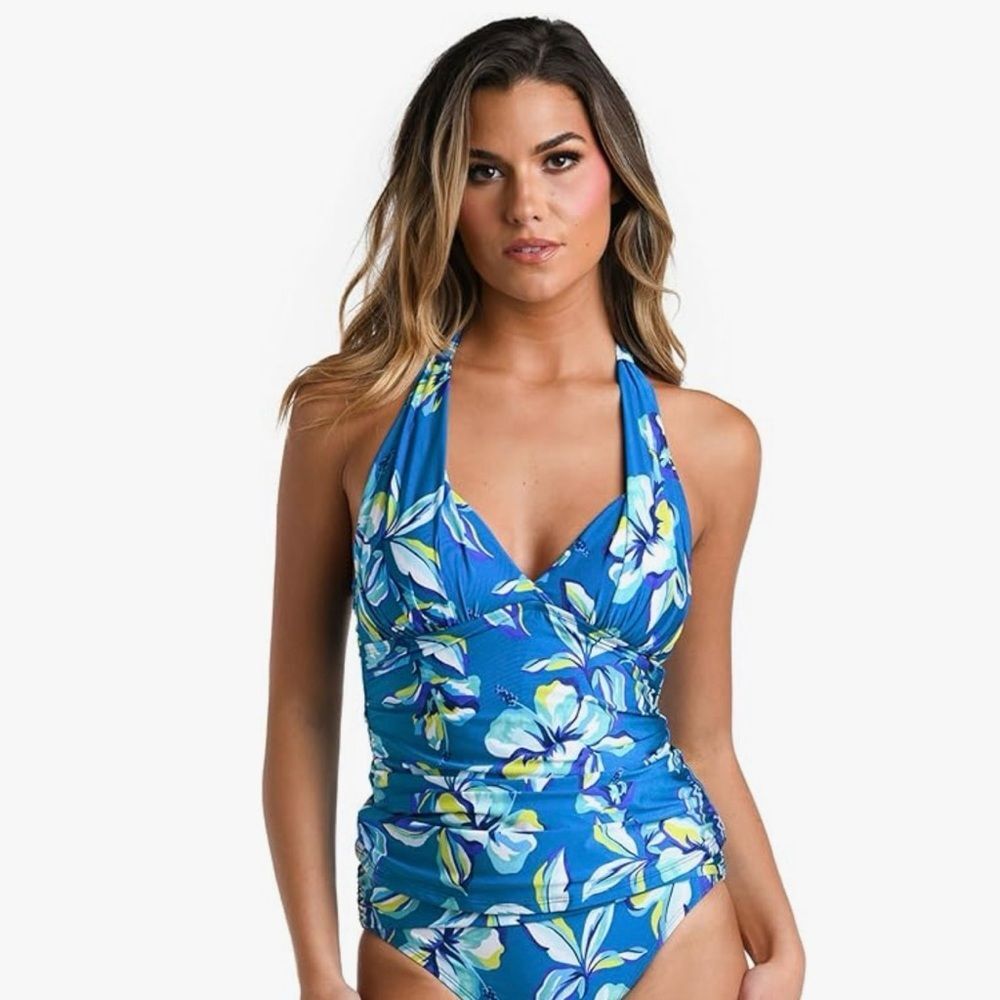 La Blanca V-Neck Halter Tankini Swimsuit Top Ocean Fiji Tropics Small 4 NWT